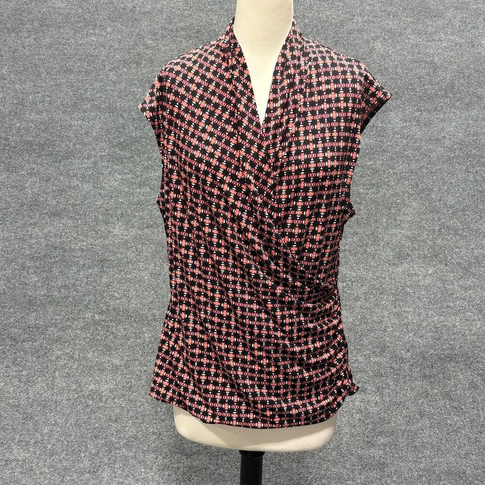 Chaus Blouse Womens XL Black Pink Floral Jersey Surplice V Neck Sleeveless